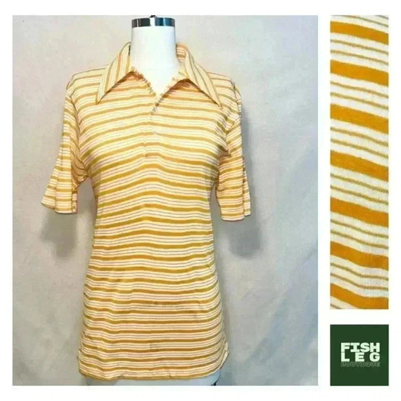 Tops - Vintage | Striped 70s Wide Collar Polo - Goldenrod & White / Sz M